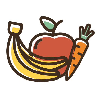 The company logo, a banana, an apple and a carrot